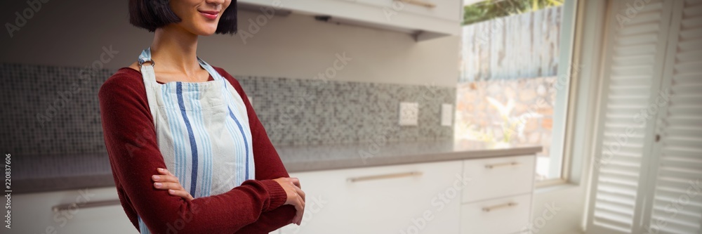 Poster composite image of waitress in spectacles standing with arms