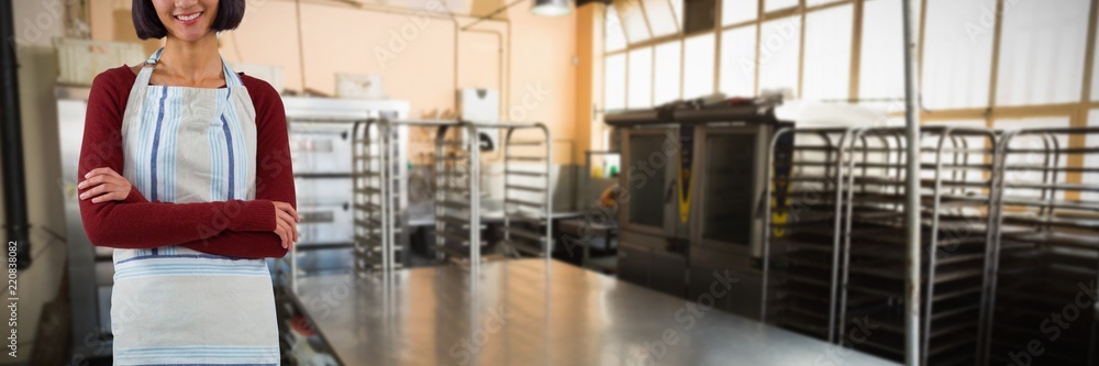 Poster composite image of smiling waitress standing with arms crossed
