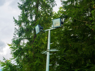 Ski-spotlights against the background of a green forest. Close-up.
