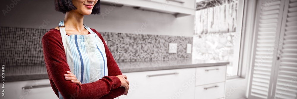 Poster composite image of waitress in spectacles standing with arms