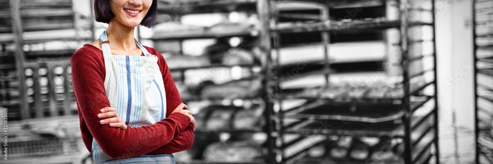 Poster composite image of smiling waitress standing with arms crossed