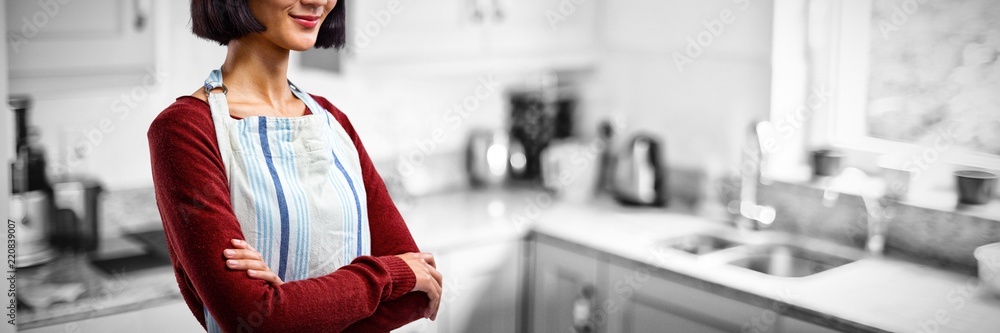 Poster composite image of waitress in spectacles standing with arms