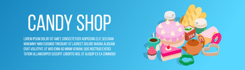 Candy shop concept banner. Isometric banner of candy shop vector concept for web, giftcard and postcard