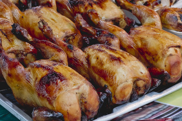 Many Roasted chickens served on stainless tray.
