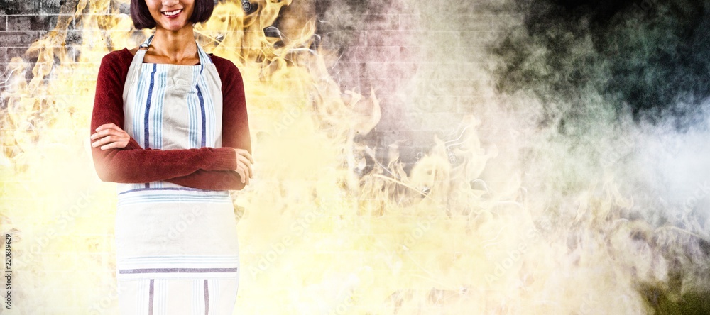 Poster composite image of smiling waitress standing with arms crossed