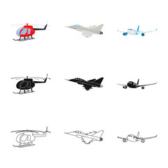 Vector design of plane and transport sign. Collection of plane and sky stock symbol for web.