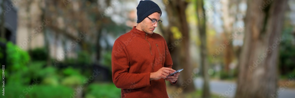 Poster composite image of man using mobile phone