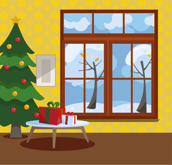 Wooden window overlooking the winter snow-covered trees. Yellow walls, New Year tree and a table with gifts in cardboard boxes with bows in the interior. Flat cartoon style vector illustration.