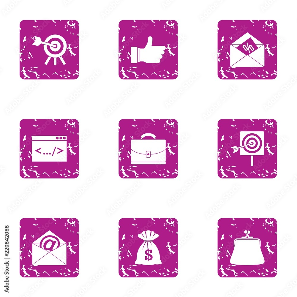 Poster currency handbag icons set. grunge set of 9 currency handbag vector icons for web isolated on white 