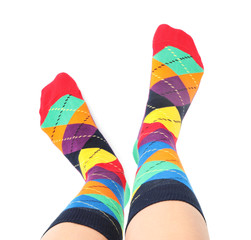 Woman in stylish socks on white background, closeup