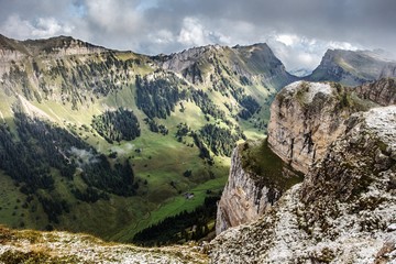 Bernese Alps from the top of Niederhorn in summer, Canton of Bern, Switzerland, wallpaper, Popular travel destination Mt Niederhorn, snow, beautiful panoramatic view, green valley, dramatic sky,clouds
