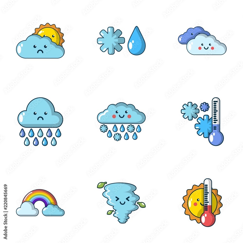 Poster wet weather icons set. cartoon set of 9 wet weather vector icons for web isolated on white backgroun