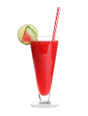 Tasty summer watermelon drink in glass on white background