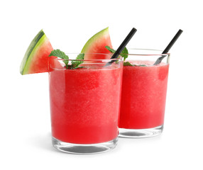 Tasty summer watermelon drink in glasses on white background