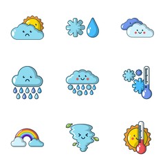 Wet weather icons set. Cartoon set of 9 wet weather vector icons for web isolated on white background