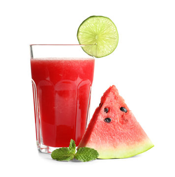 Tasty summer watermelon drink in glass and slice of fresh fruit on white background