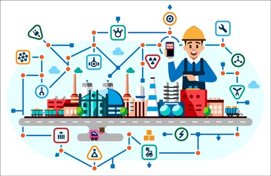 Global industrial factory technology process with ecology concept. Flat style illustration of manufacturing buildings with the engineer. Smart factory with neural network and icons. Industry 4.0
