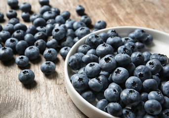 Juicy and fresh blueberries on wooden table, closeup