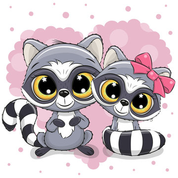 Two cute Raccoons on a heart background