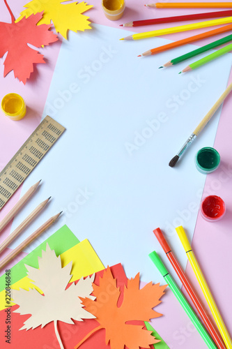 School Accessories And Supplies Pencils Paint Ruler Paper Maple School Accessories And Supplies Pencils Paint Ruler Paper Maple Leaf Scissors
