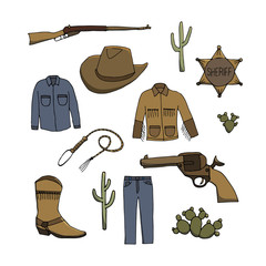 Set of cowboy symbols. Cowboy jeans, shirt,  jacket,  hat, boots,  gun and  sheriff's badge. Hand drawn  illustration in doodles  cartoon style