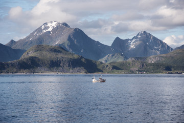 Landscapes and mountains of Norway Lofoten fjords.