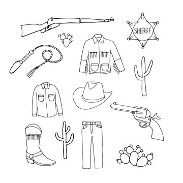 Set of cowboy symbols. Cowboy jeans, shirt,  jacket,  hat, boots,  gun and  sheriff's badge. Hand drawn  illustration in doodles  cartoon style