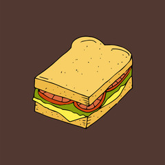 Hamburger, sandwich. Bread with a cutlet, cheese, lettuce and tomato.Color hand drawn  illustration isolated on brown background. American Street fast food.doodles cartoon style.