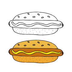 Hot Dog. Bun with sausage, mustard and sesame seeds. Black and white  hand drawn  illustration isolated on white background.American Street fast food.doodles  cartoon style.