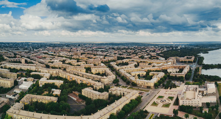 Obraz premium Aerial drone panoramic view of historical city center of Magnitogorsk, architectural ensemble of 50s, rest and sport place on the foreground