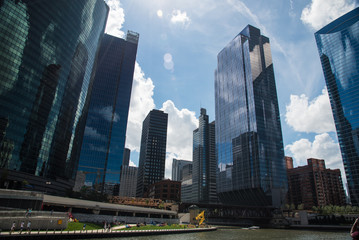 Aerial Chicago bay buildings bridge 