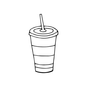 Glass of drink with a lid and a straw.Fast food.hand drawn  illustration.doodles  cartoon style.