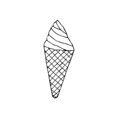 Ice cream in a cone waffle cup.hand drawn  illustration.doodles  cartoon style.
