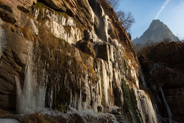 Frozen Waterfall of Ice in Yuntai Mountain. Xiuwu County, Jiaozuo, Henan Province China. Frozen Water, icicles, Yuntai UNESCO Global Geopark, Yuntaishan. National Parks of China, Cold River Water