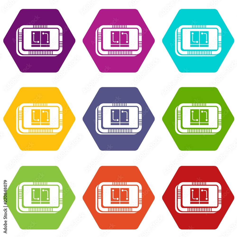 Poster retro microchip icons 9 set coloful isolated on white for web
