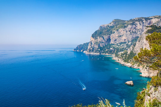 Daylight view of Marina Piccola and Monte Solaro, Capri Island, Italy.