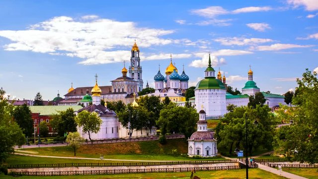 Sergiyev Posad, Russia. The Trinity Lavra of St. Sergius - a Russian monastery in summer. Time-lapse of historical and religious buildingsin Segiev Posad, Russia