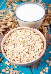 Oat and oat milk. Healthy breakfast, healthy eating concept.