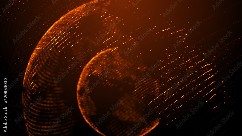 Poster 3d render rotated map made of dots. worldwide map concept. technology background with particles.