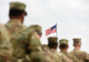 American Soldiers and US Flag. US troops - obrazy, fototapety, plakaty