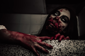 Portrait of asian woman make up ghost face,Horror scene,Scary background,Halloween poster