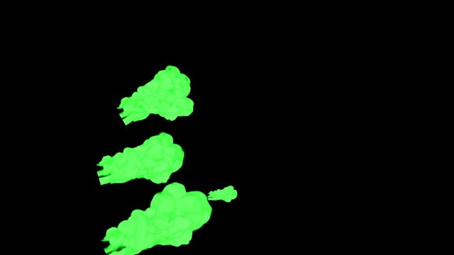 Abstract Green ink drop in water on a black background for effects with Alpha channel matte. 3d render. voxel graphics. computer simulation V8