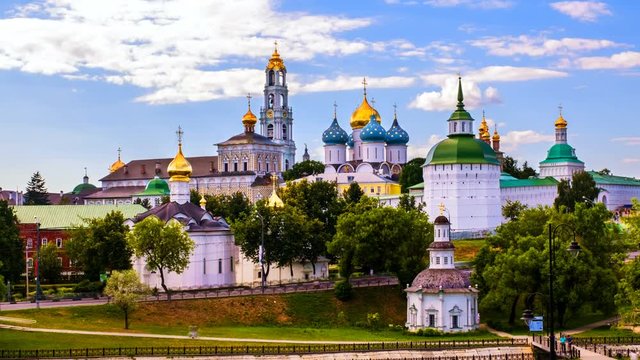 Sergiyev Posad, Russia. The Trinity Lavra of St. Sergius - a Russian monastery in summer. Time-lapse of historical and religious buildingsin Segiev Posad, Russia. Zoom in