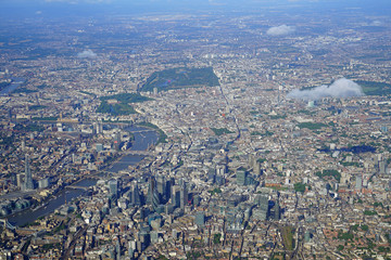 Aerial view of Central London and the River Thames from an airplane window