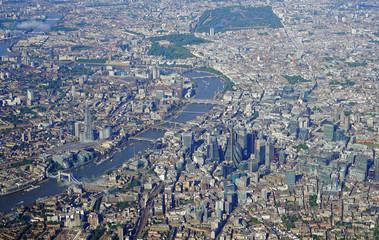 Aerial view of Central London and the River Thames from an airplane window