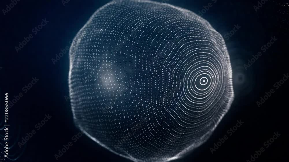 Poster sphere of spinning points, particles. loop animation. spherical shape of the points of technological