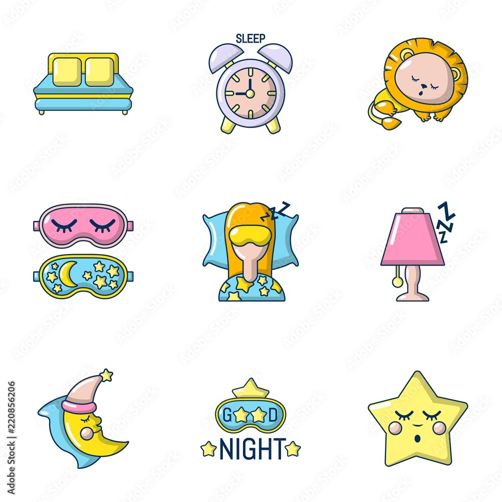 Poster slumber icons set. cartoon set of 9 slumber vector icons for web isolated on white background