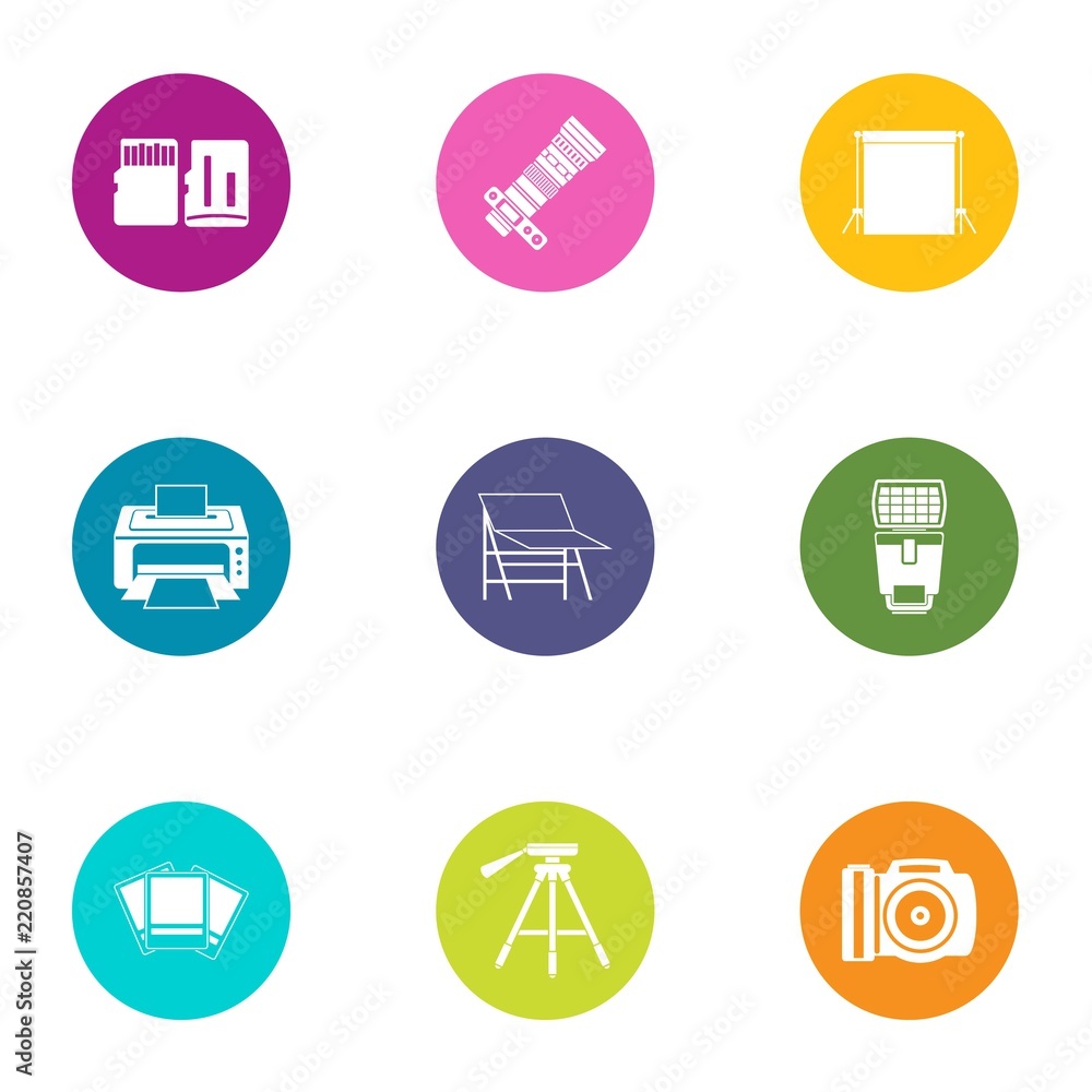 Poster photo printing icons set. flat set of 9 photo printing vector icons for web isolated on white backgr
