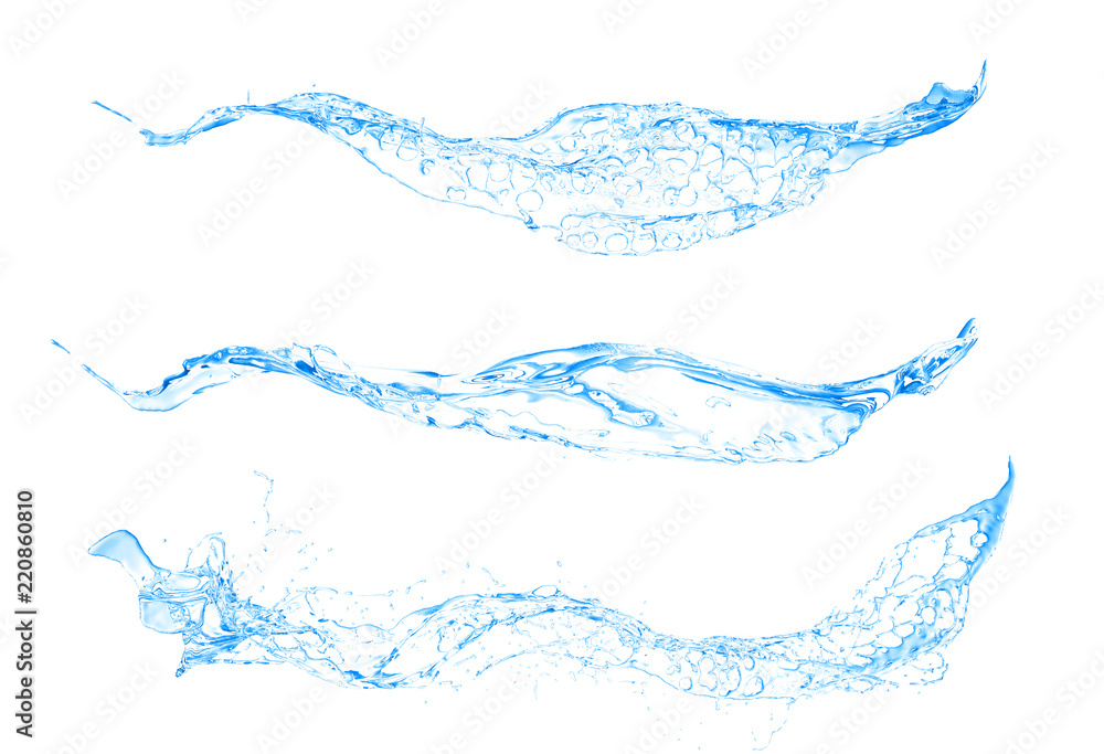 Wall mural Isolated blue splash of water splashing on a white background. 3d illustration, 3d rendering.