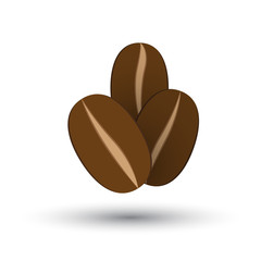 An icon of three coffee grains with shadow on a white background. Element for design of a cafe.